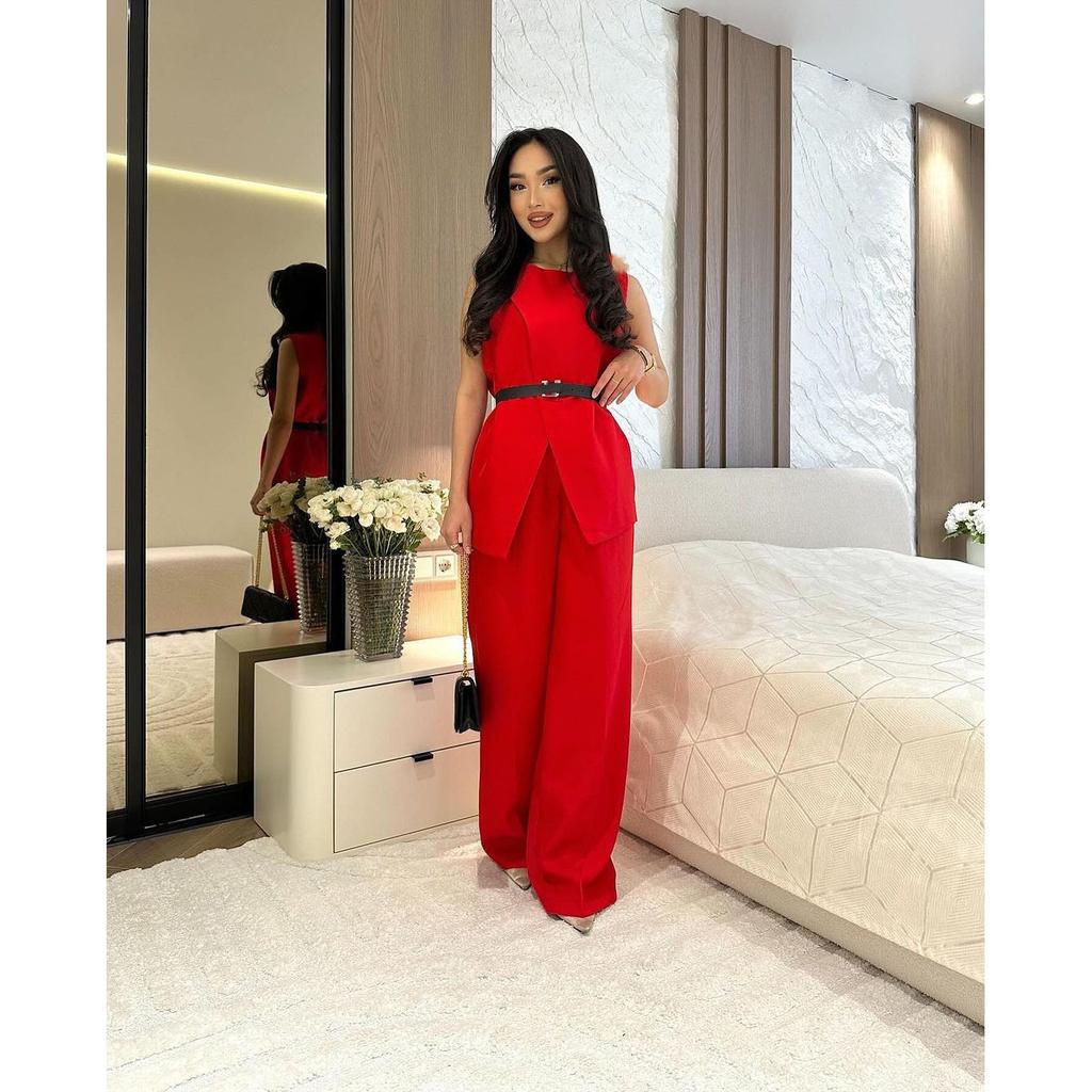 Round Neck Belt Sleeveless White High Waist Tops Solid Color Wide Leg Long Pants Slim Fit Elegant Two Piece Sets Women Pants Set