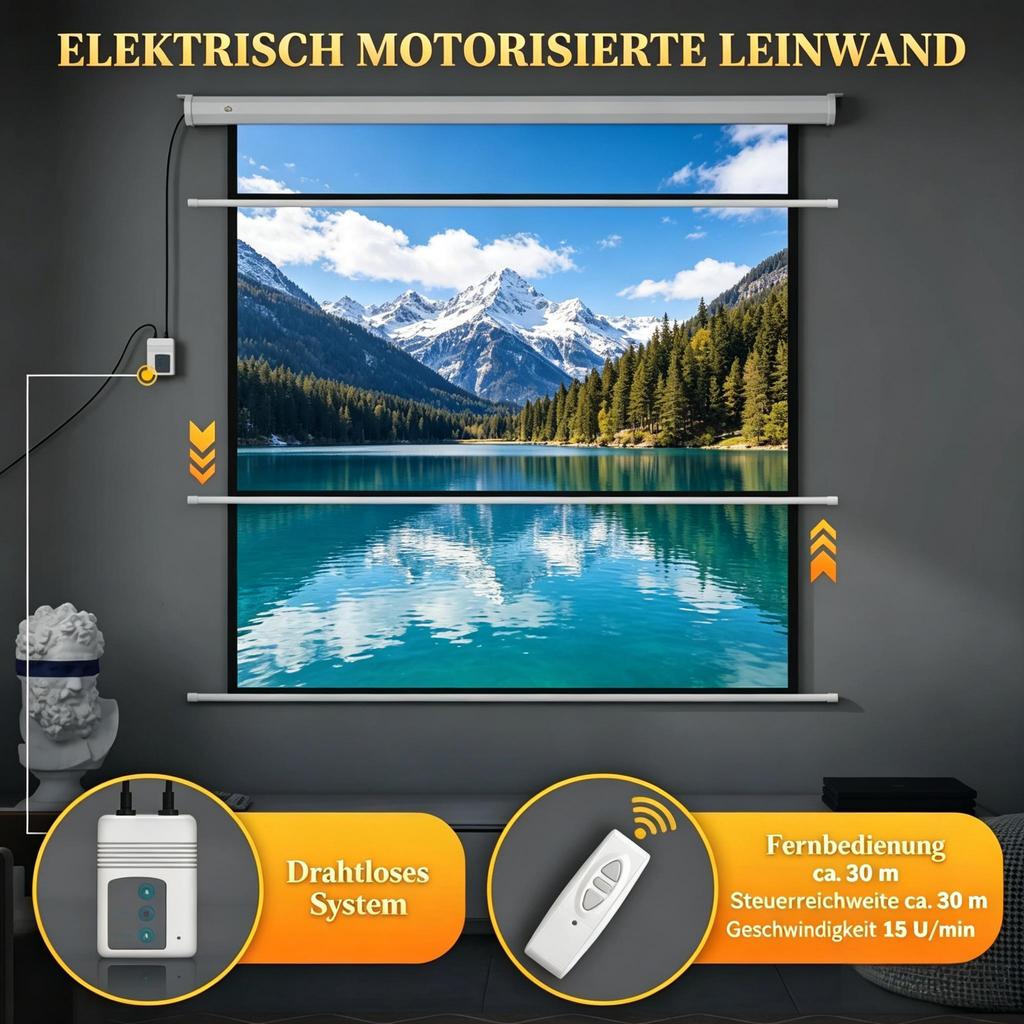 Motorized projection screen 85 inches, 4K HD electric screen, wall or ceiling mount, with control panel and remote control