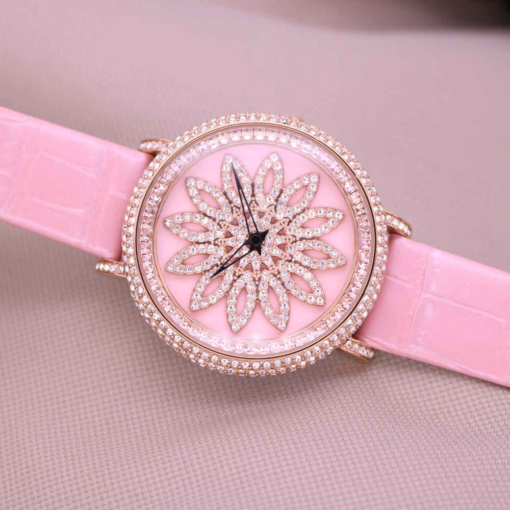Luxury Davena Spin Snow Flower Women's Watch Japan Mov't Crystal Lady Hours Fine Fashion Real Leather Bracelet Girl's Gift Box