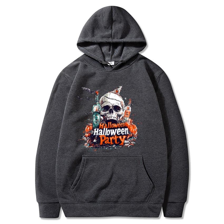 Fall/Winter Halloween Fleece Hoodie Skull Print Fashion Street Hoodie Men's and Women's Daily Long Sleeve Warm Hoodie