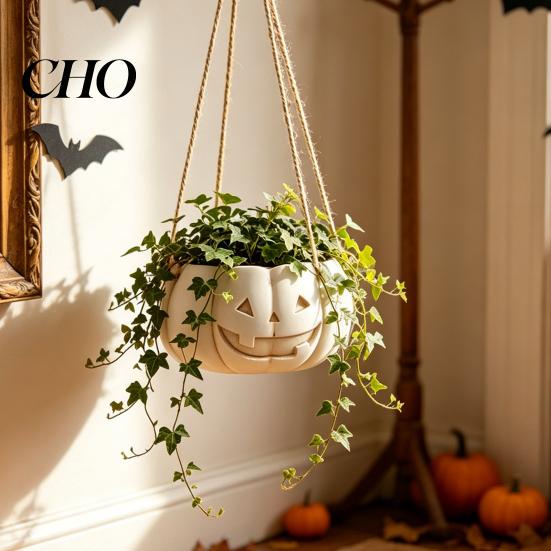 Decorative Plant Container for Bookshelf Pumpkin Shaped Hanging Pot, 4.3 Inch Lightweight Resin Flower Adjustable Modern Holder Rope Mini Pots Indoor