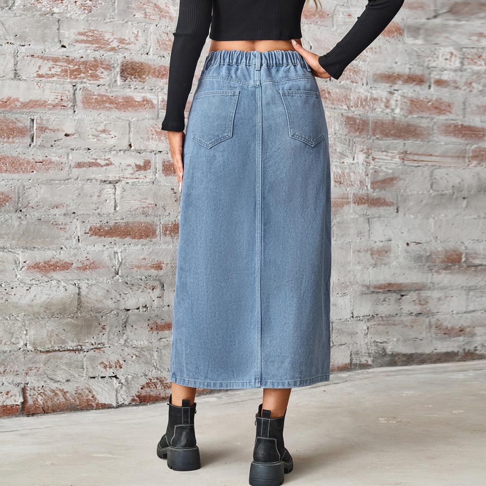 Summer Midi Skirt Button Zipper Fly Side Slit Design Denim Skirt with Pockets Retro Summer Denim Casual Skirt Daily Wear