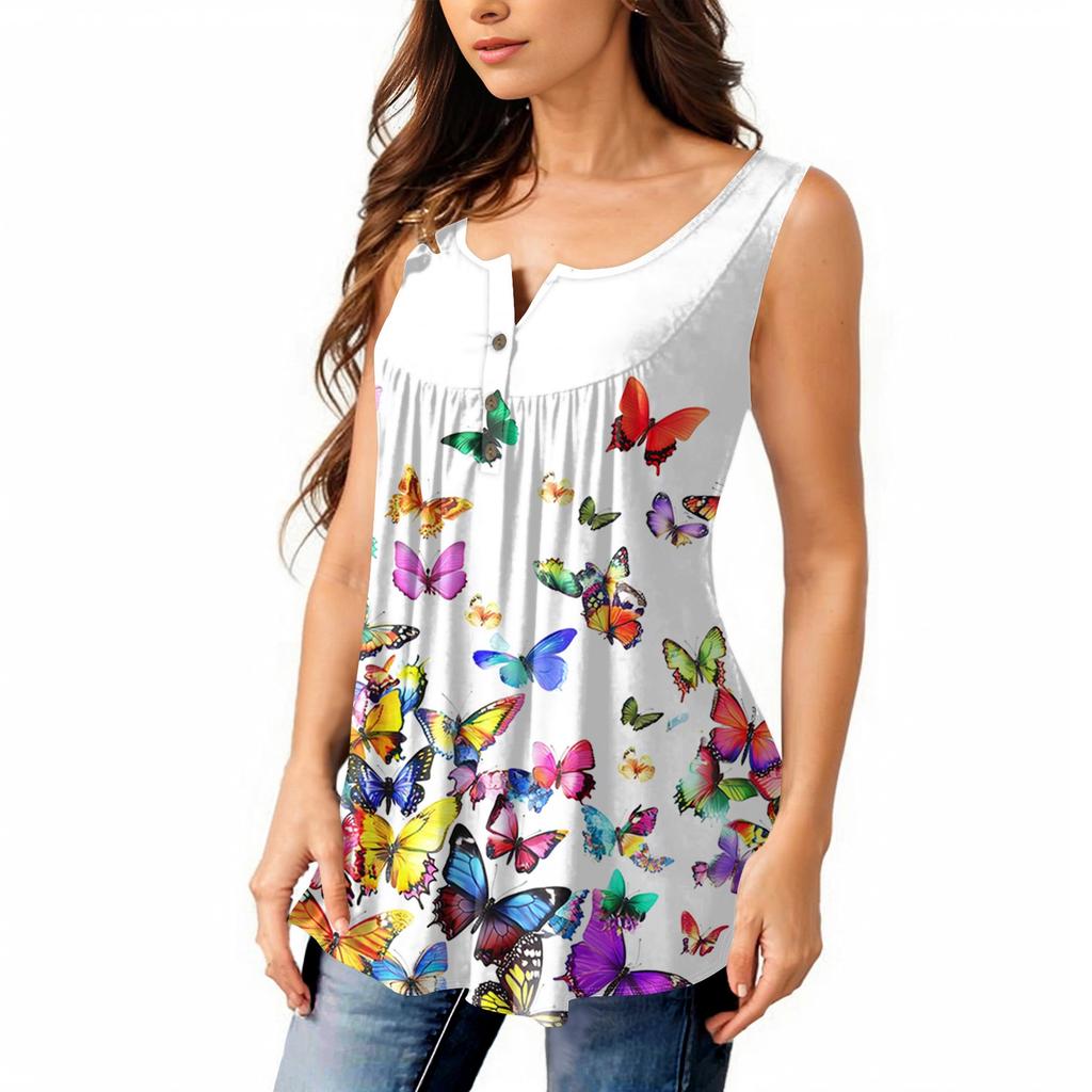 Женская мода плиссированная безрукавка повседневная футболка жилет топ на пуговицах