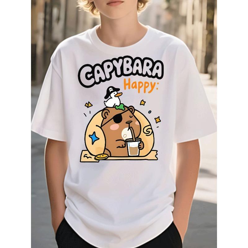 Boys Pirate Capybara Duck Bubble Tea Star Print Crewneck Tee, Casual Daily Holiday Gift