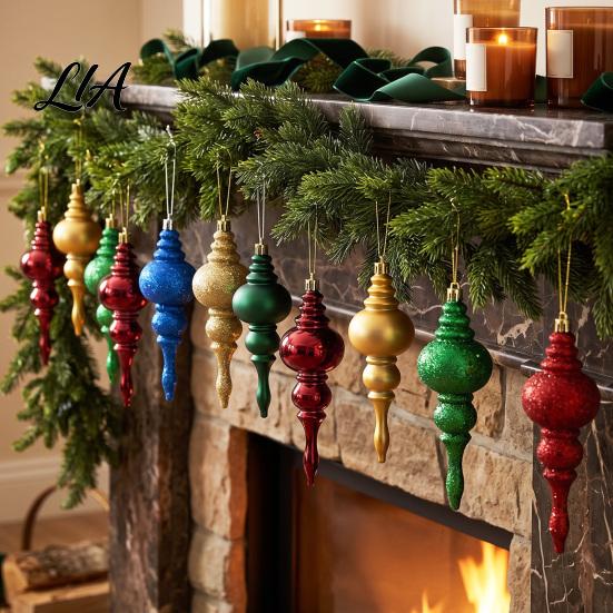 Festival Tree Pendant Set 6 Pcs Finial Drop Christmas Ornament, Glitter Shatterproof Plastic DIY Holiday Party Supplies Decoration for Hanging