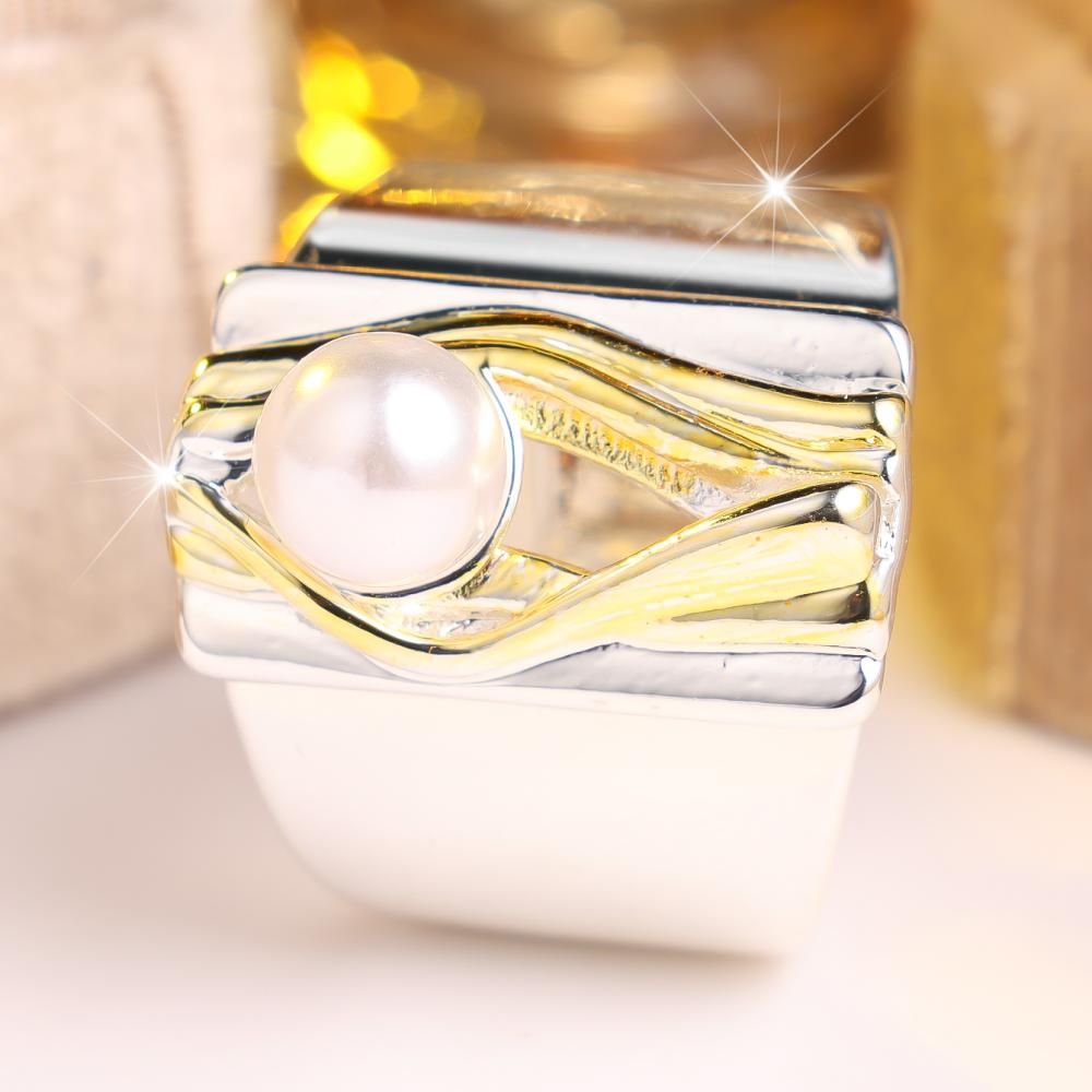 Шикарное двухцветное кольцо с широкой шинкой и жемчугом для женщин, на каждый день и для вечеринок