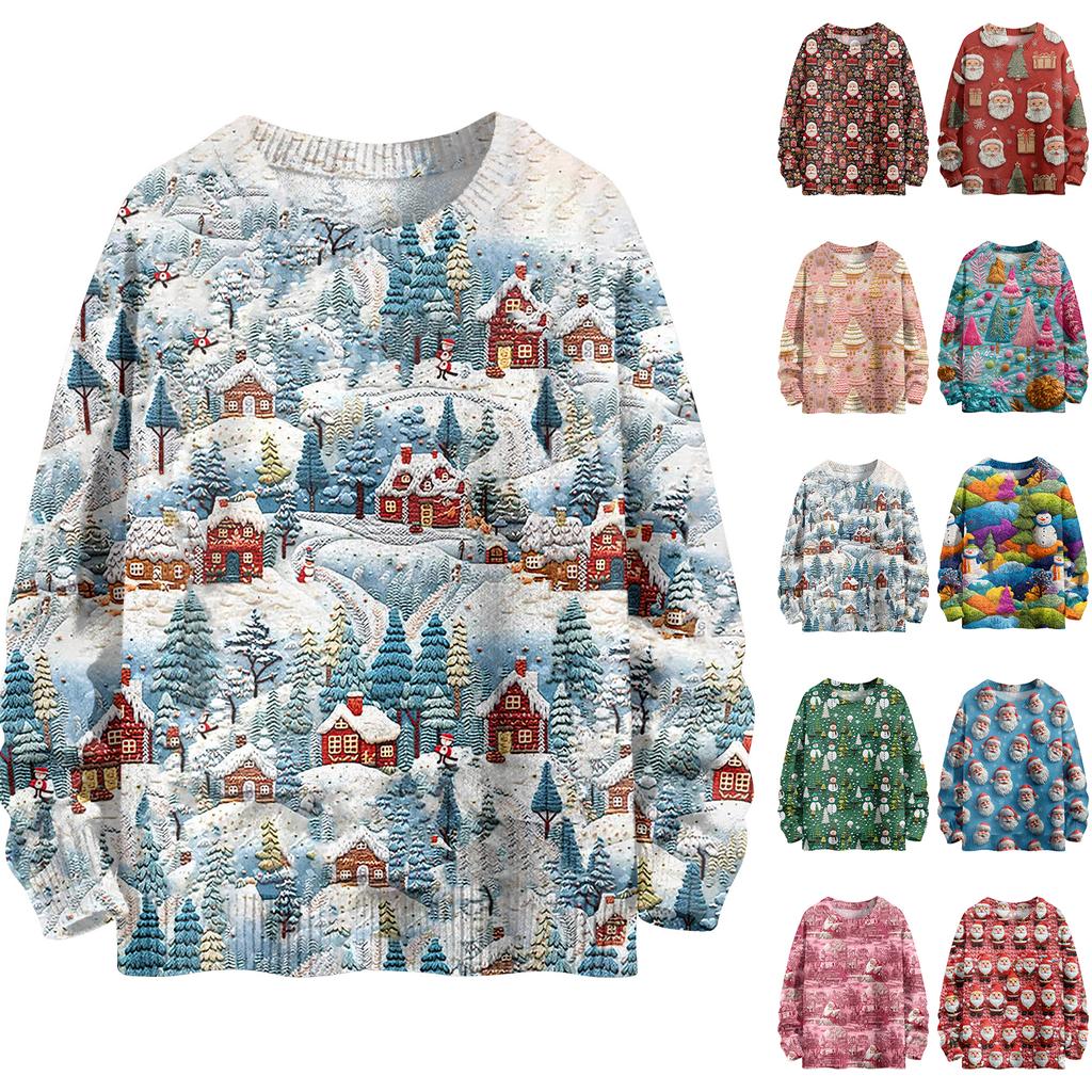 Women's Fashion Casual Long Sleeve Christmas Printed Round Neck Knitted Top