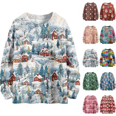 Женский модный повседневный трикотажный топ с длинным рукавом, рождественским принтом и круглым вырезом