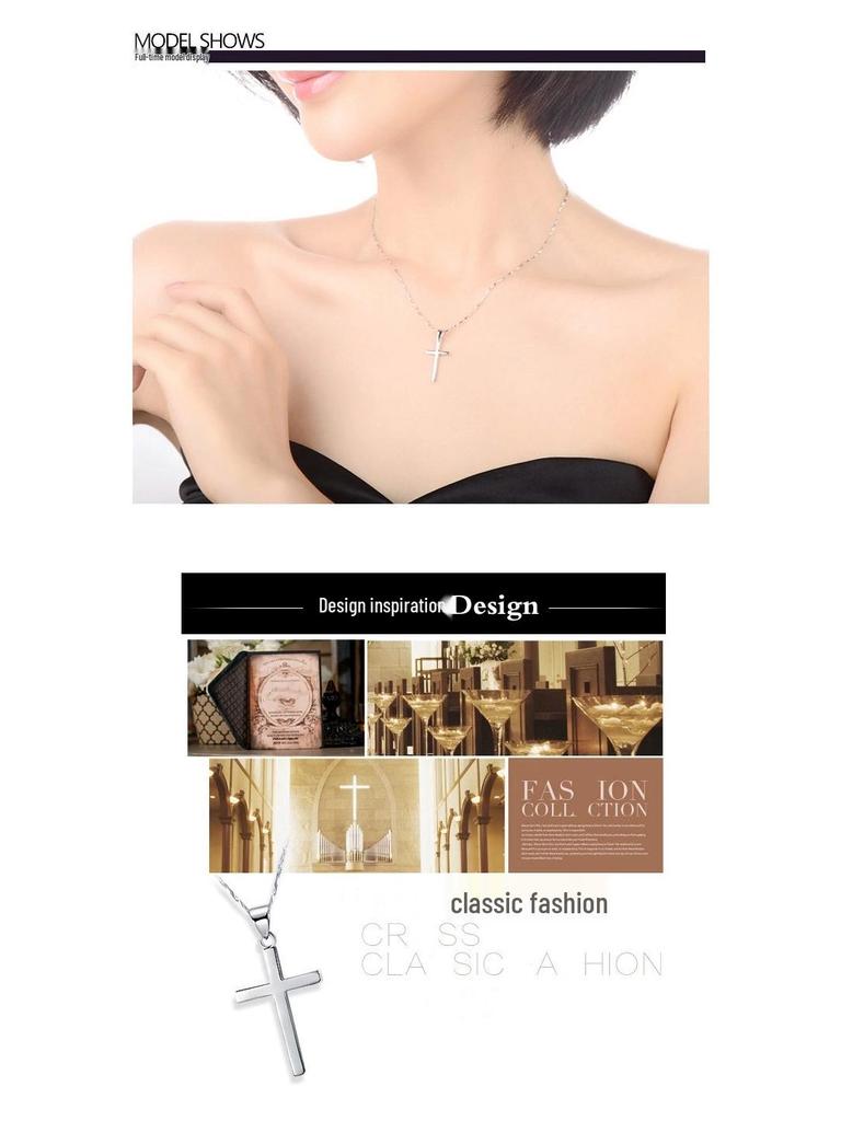S925 Sterling Silver Smooth Cross Pendant Necklace for Men and Women - Versatile Long Sweater Chain