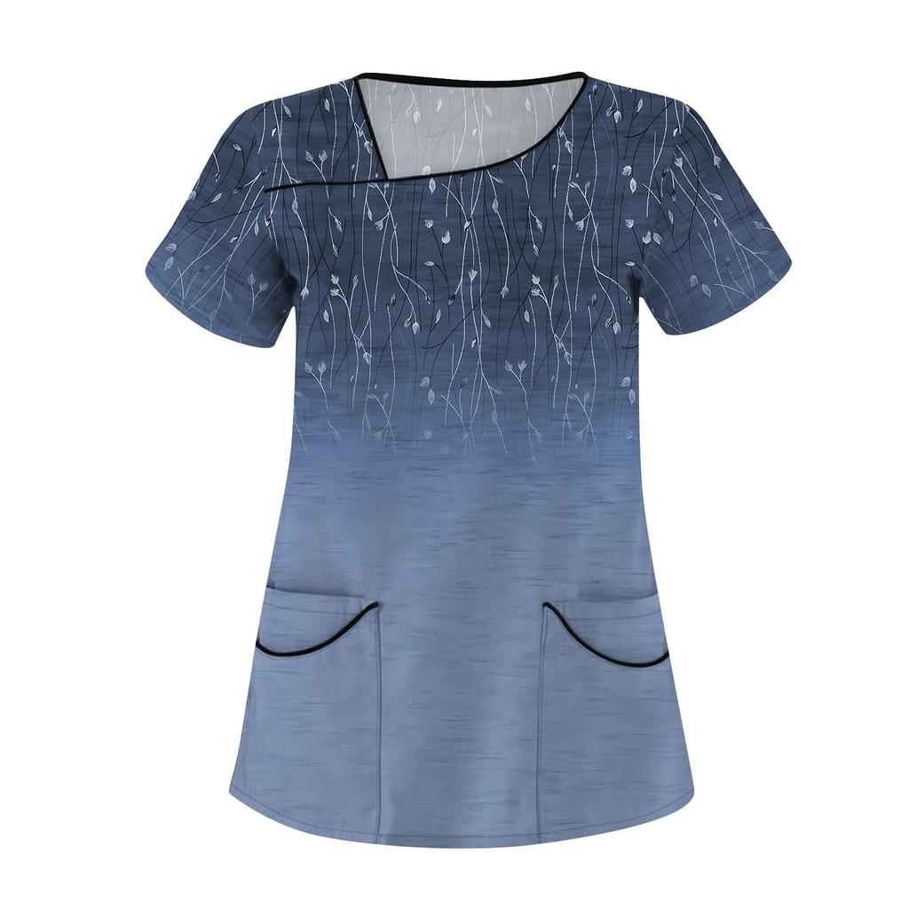 Женская повседневная рабочая одежда с цветочным принтом и коротким рукавом с наклонным воротником и двойными карманами