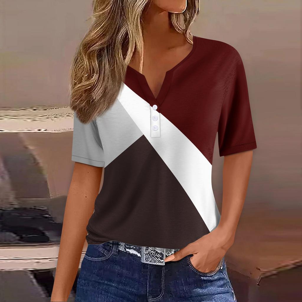 Жен. Футболка Футболка С принтом Пуговицы С короткими рукавами Повседневные Выходные Мода Классический V-образный вырез Обычный Верх
