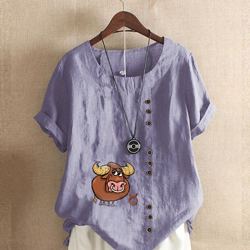 Women's Fashion Cattle Prined Round Neck Short Sleeve T-shirt Casual Cotton Linen Graphic Shirt Leisure Loose Summer Blouse Tops