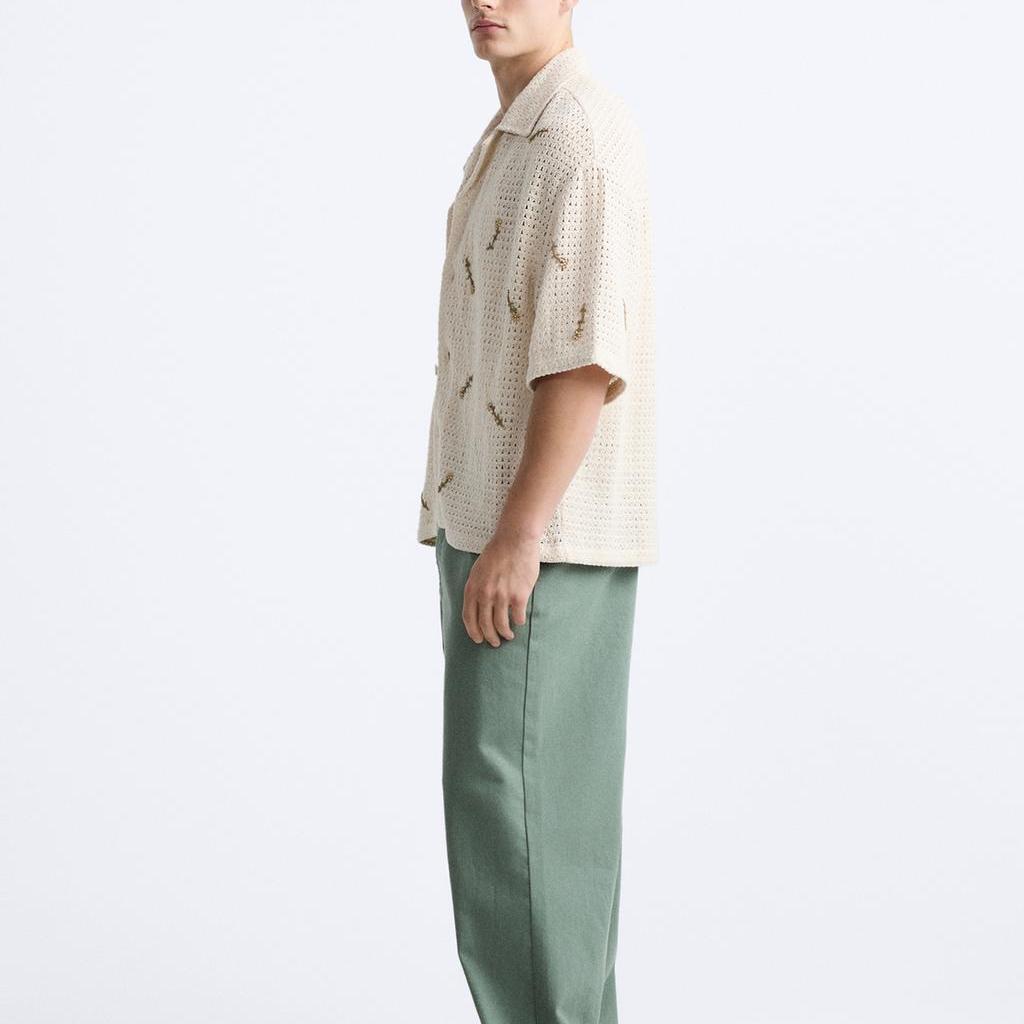 Zara Свободная рубашка с коротким рукавом, связанная крючком, с бисером, мужские рубашки, цвет не совсем белый 0881304-712