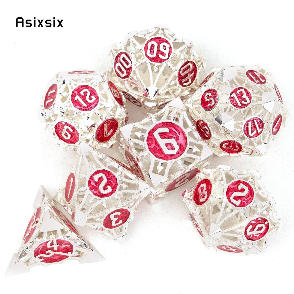 7 шт. серебристо-красные металлические кости, набор полых металлических многогранных кубиков, подходящий для ролевой игры, настольной игры, карточной игры