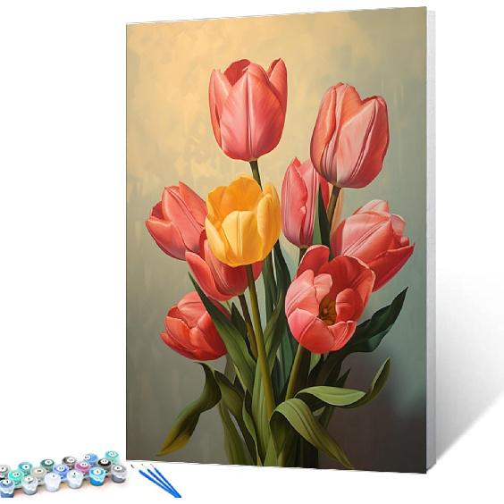 Tulip DIY Paint by Numbers for Adults Flower Leaves DIY Digital Oil Painting Acrylic Paint Leisurely Painting Kits Canvas Wall Art Colorful Flower