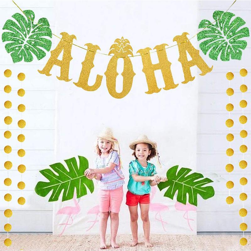 Hawaiian Party Decorations - Gold Glittery Aloha Banner for Hawaii Tropical Luau Themed Party Supplies