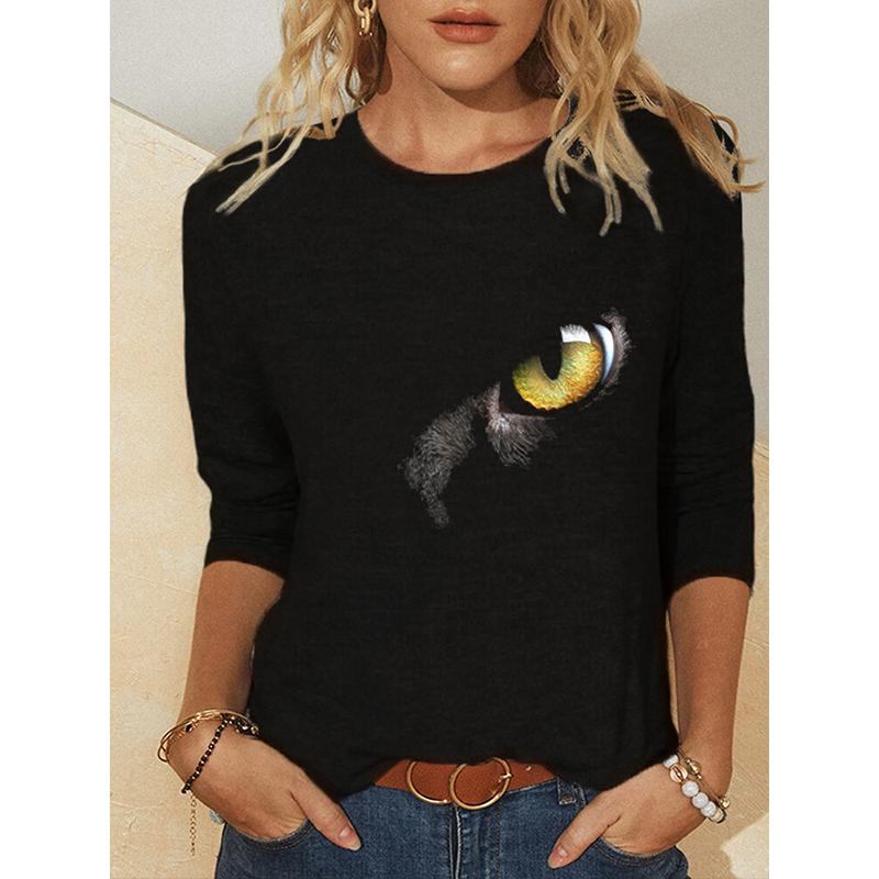 Женская черная футболка с 3D принтом кота, новая весенне-осенняя свободная повседневная футболка с длинным рукавом, женская футболка с круглым вырезом