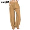 Large Size Women's Elastic Waist Long Linen Casual Loose Wide Leg Trousers