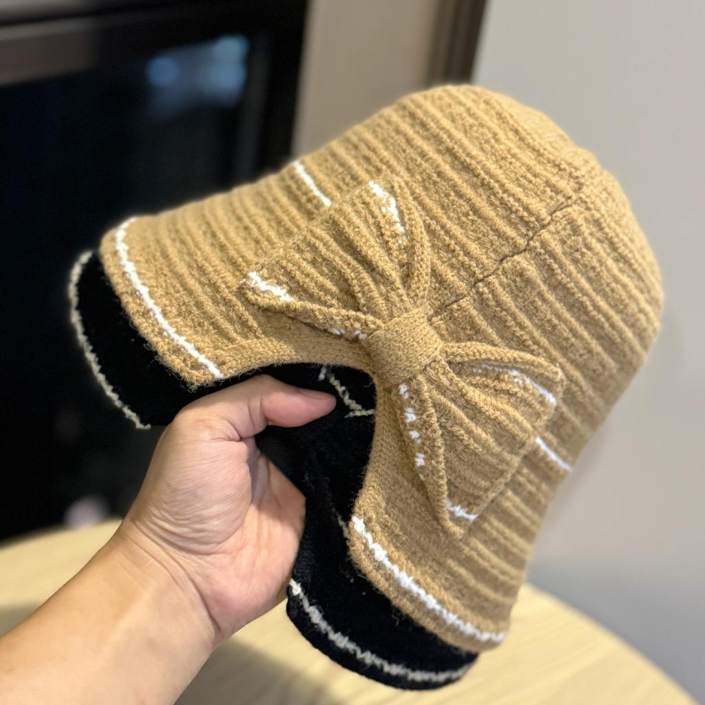 Новая вязаная шляпа-панама в корейском стиле с бантом для женщин, универсальная, подчеркивающая лицо, маленькая шляпа-ведро, складная, осенне-зимняя