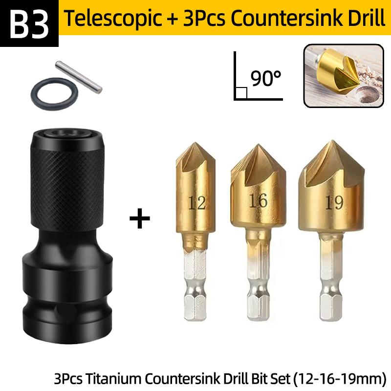 Countersink Drill Bit Set Chamfering Hole Cutter Wood Metal Deburring Tool 1/2 Square Drive To 1/4 Hex Socket Adapter Converter