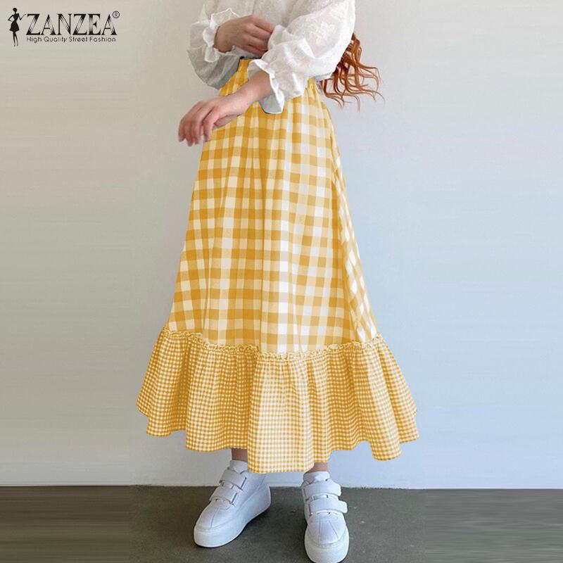 ZANZEA Женская повседневная юбка свободного покроя с эластичной резинкой на талии и оборками в клетку