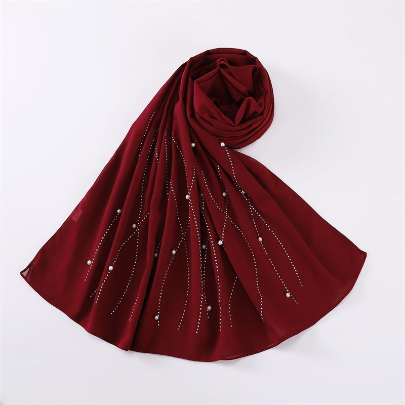 Plain Pearl Bubble Rhinestone Chiffon Shawl Scarf High Quality Shimmer Beads Headband Wrap Foulard Muslim Hijab