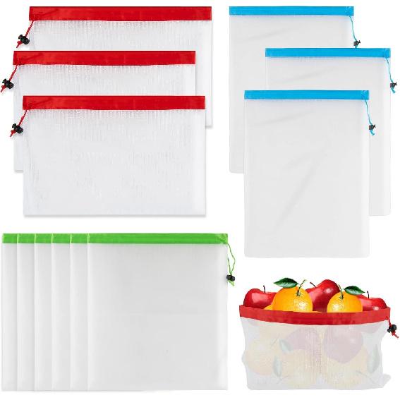 MAQIHAN 12PCS Reble Produce Bags - Mesh Produce Bags Drawstring Reble Washable Vegetable Storage Bags Refrigerator Keep Fresh Grocery Food Fruits