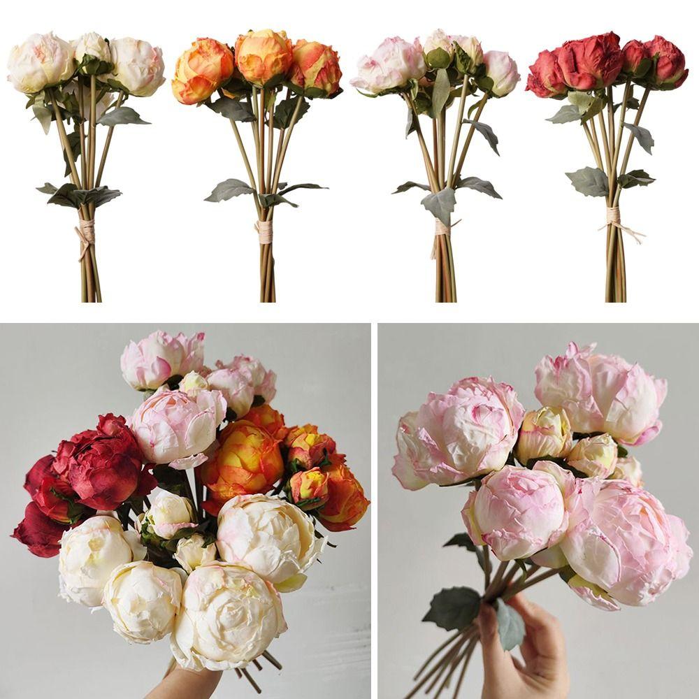 4 Flower 3 Buds Peony Artificial Flower Silk Petals Decorative Flower Photo Props