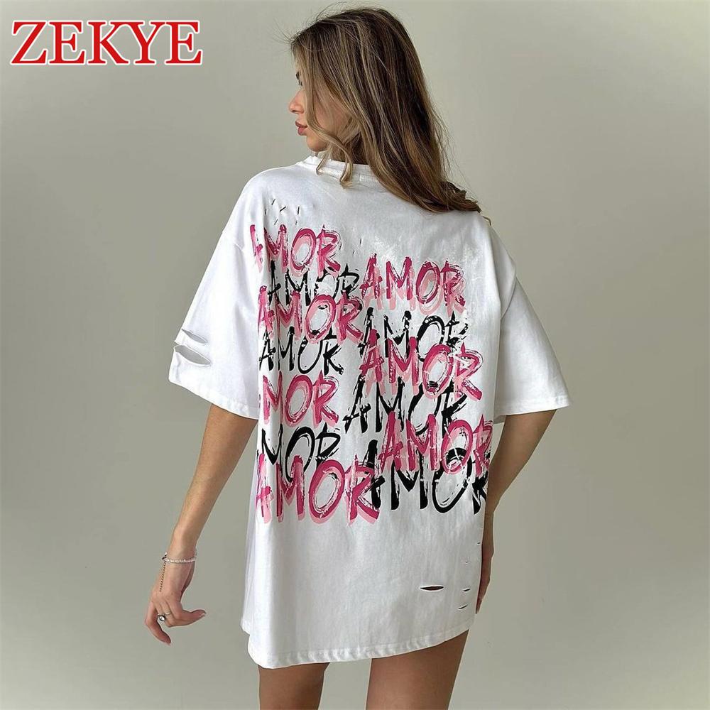 Футболка Zekye Hollow Out Summer Loose с коротким рукавом в винтажном стиле гранж, свободного покроя, в стиле уличной моды, повседневная, с длинными рукавами