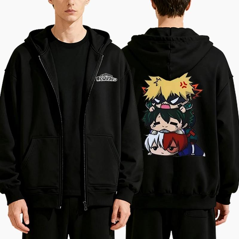 Мужская Мода Повседневная Аниме Принт Толстовка на Молнии Осень Зима Мужская Панк Толстовка с Длинным Рукавом Флисовая Толстовка на Молнии