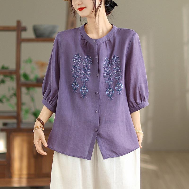 2025 лето новый большой размер тяжелая промышленность вышитая хлопково-льняная рубашка женственность воротник-стойка рубашка вышитый тонкий топ лето