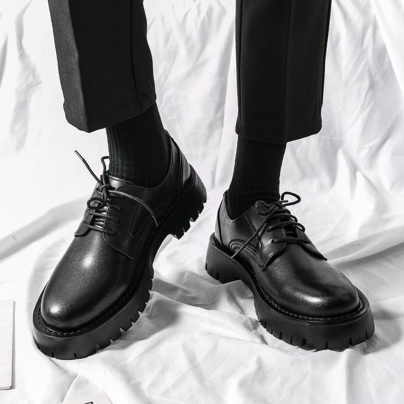 Весенние черные туфли-оксфорды на толстой подошве, мужские деловые туфли на шнуровке, кожаные туфли высокого качества с круглым носком, дизайнерская повседневная обувь