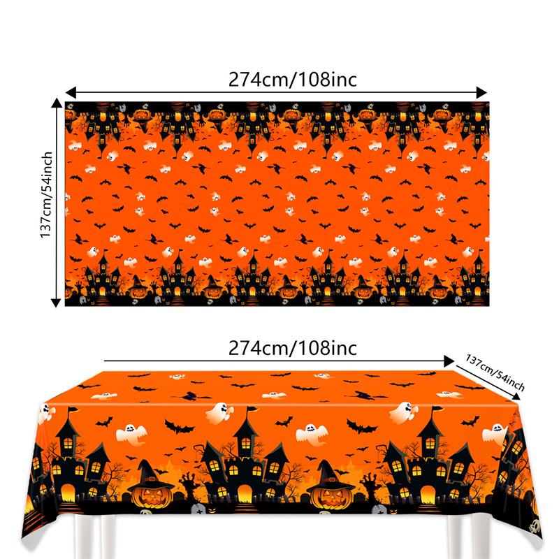 Halloween Fright Night Tablecloth: Pumpkin Ghost Castle Design, Disposable PE Material