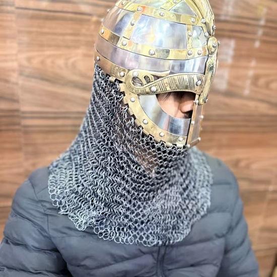Medieval Viking Helmet Norse Warrior Armor Helmet with Chainmail  18 Gauge Steel  Brass, Polished Finish