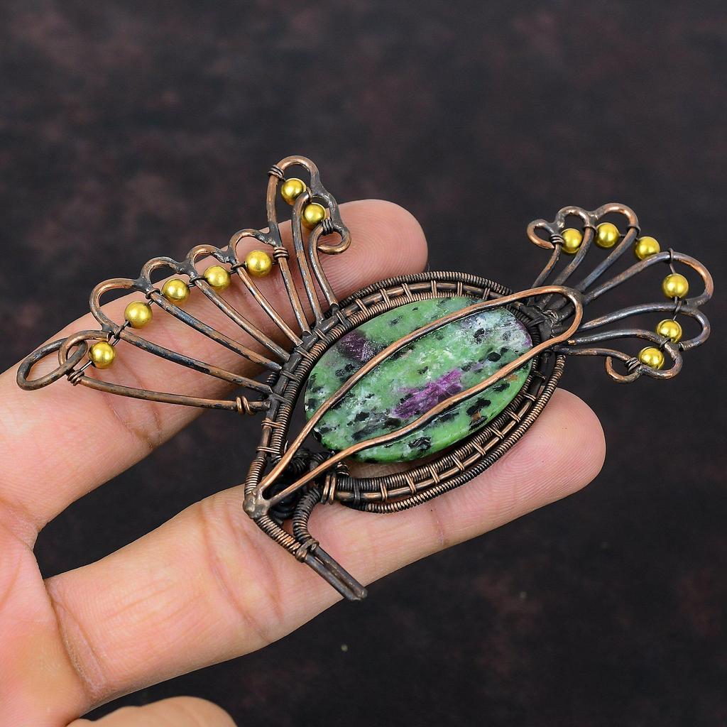 Ruby Zoisite Pendant Copper Wire Wrapped Pendant Ruby Zoisite Jewelry Gemstone Pendant Handmade Bird Pendant For Gift Antique Copper Jewelry
