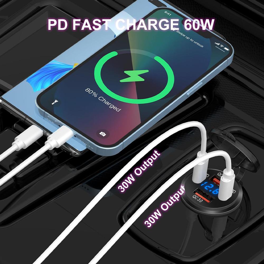 4-портовое USB-зарядное устройство со светодиодным вольтметром, двойной PD и двойной адаптер быстрой зарядки QC3.0, водонепроницаемый для автомобиля, лодки и мотоцикла 12/24 В