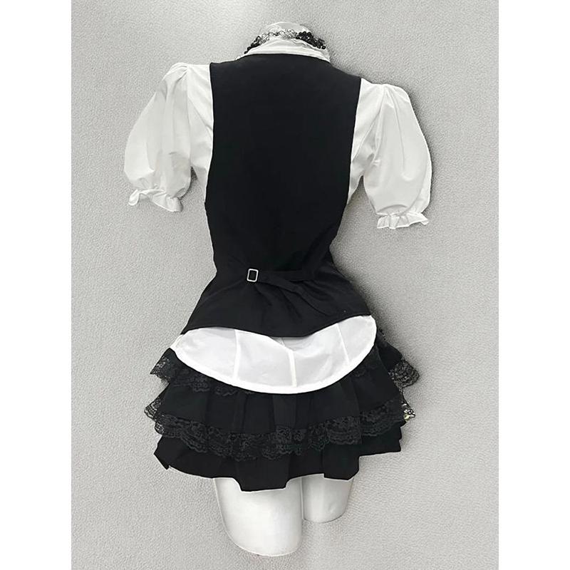 Готический Ретро Шик Наряд Женский Рубашка с Рукавами-Буфами Жилет Короткая Юбка Винтажный Модный Костюм