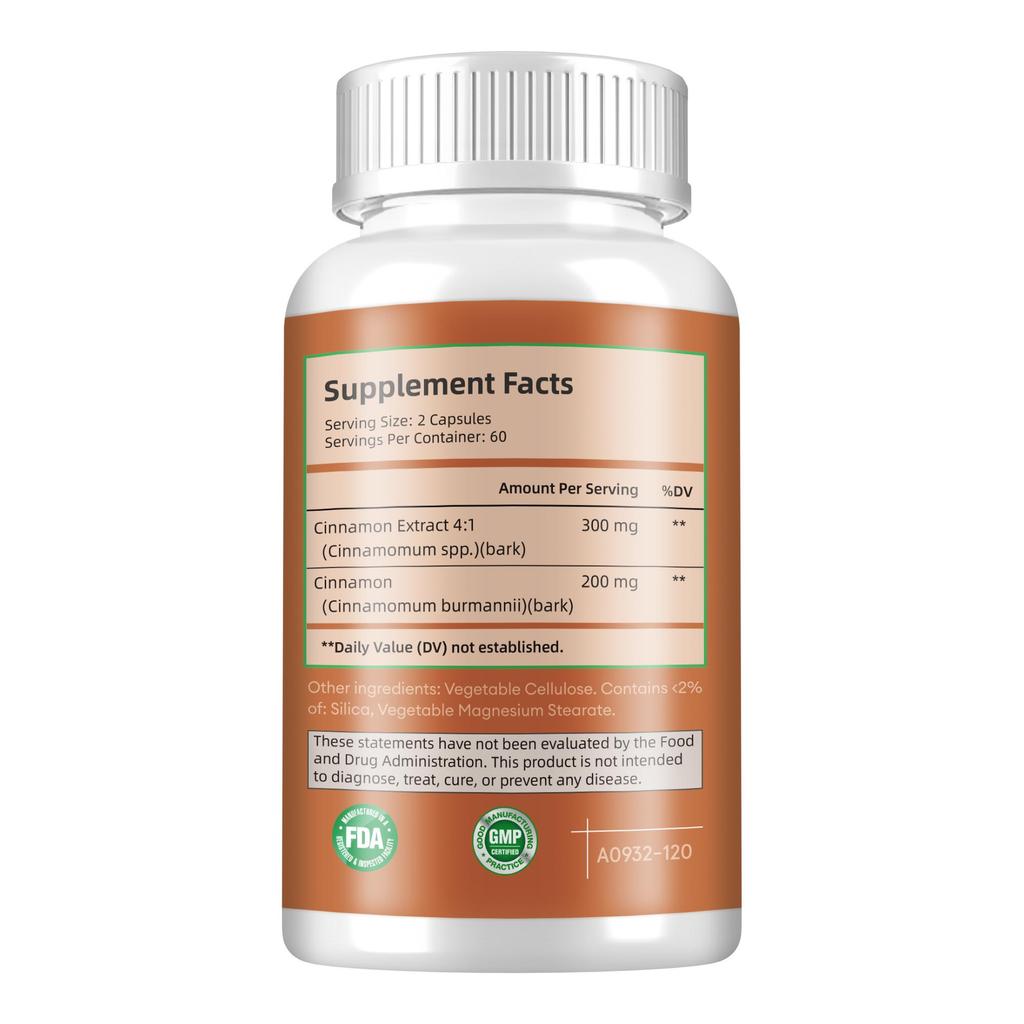 High Purity Cinnamon Capsules, 500mg Natural Cinnamon Extract, Nutritional Supplement