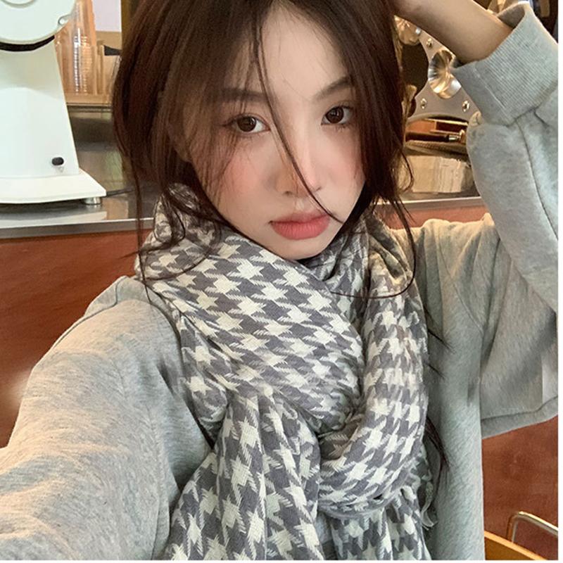 Winter Warm Couples Knitted Plaid Scarf Korean Version of The Tassel Collision Color Thousand Bird Plaid Scarf Female
