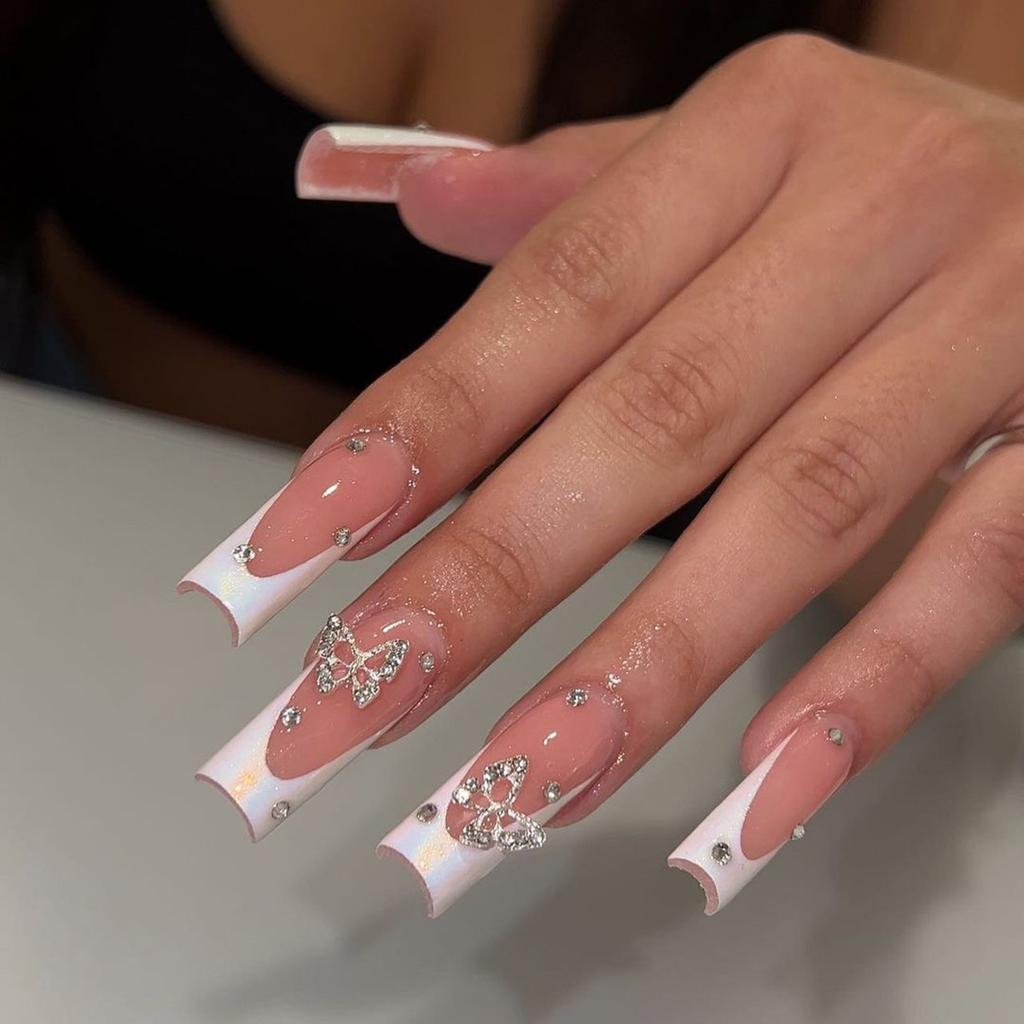24Pcs Long Square Press On Nails French Blue Glitter Flower Design Stick On False Nails For Women Wearable Manicure Tips