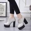 Fashion Spring and Autumn New High-heeled Single Shoes Fashion Solid Lace Up Patent Leather Pumps for Women Chunky Heeled Ladies Shoes