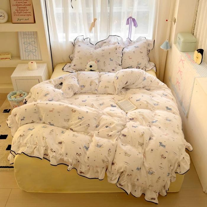 2025 новый кремовый кружевной девичий пудровый клетчатый корейская версия кровать 4 предмета стиранный хлопок двухслойная пряжа пододеяльник общежитие