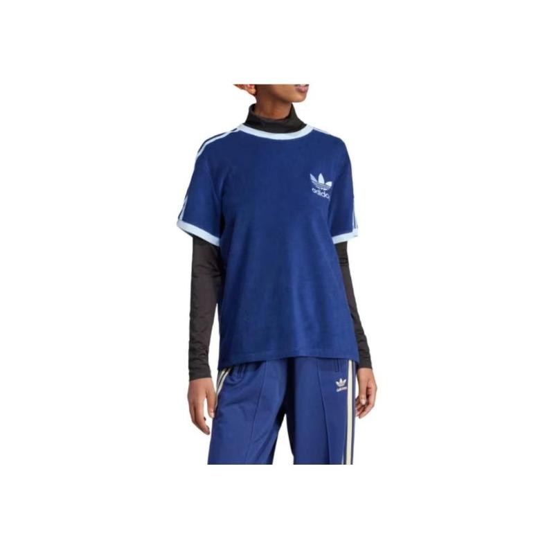 adidas Оригинальная однотонная футболка с круглым вырезом и тремя полосками с короткими рукавами, женские топы, синий IR7465