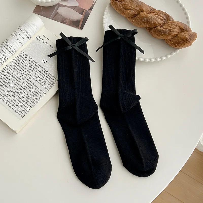Японские носки JK Sweet Bowknot Tied Medium Tube Socks для женщин, носки с бантом на пятке, повседневные, черно-белые, ворсовые, спортивные, хлопковые носки для девочек