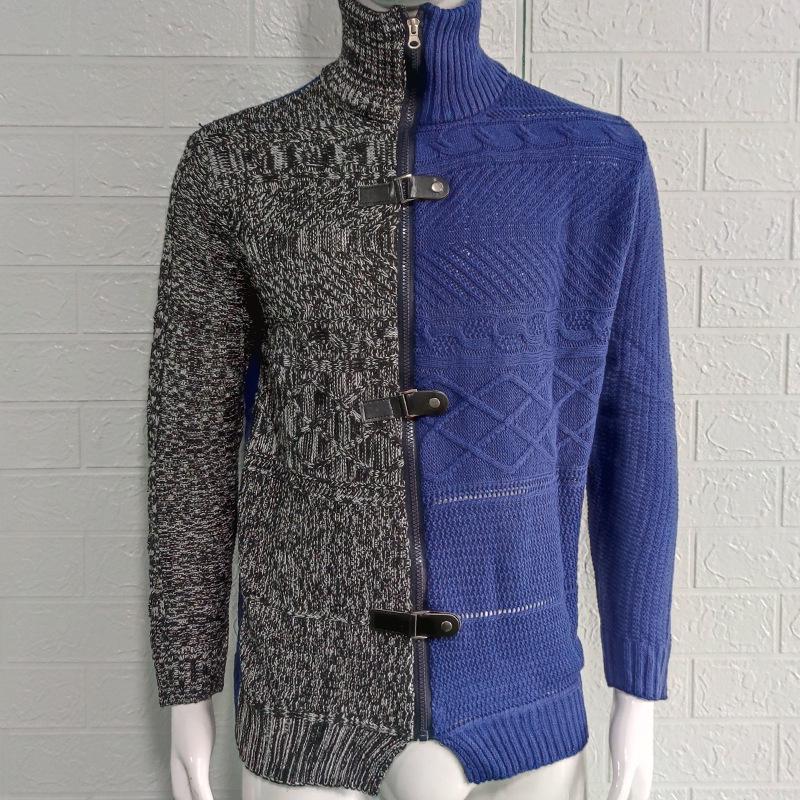 Men's Plus Size Color Block High Neck Cardigan with Leather Buckle - Long Sleeve Knit Sweater, Autumn/Winter Collection