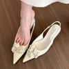 2024 Summer Fashion Back Strap Sandals Rose Flower Decoration Pumps Pointed Toe Slingback Shoes Solid Wedding Low Heel Mules