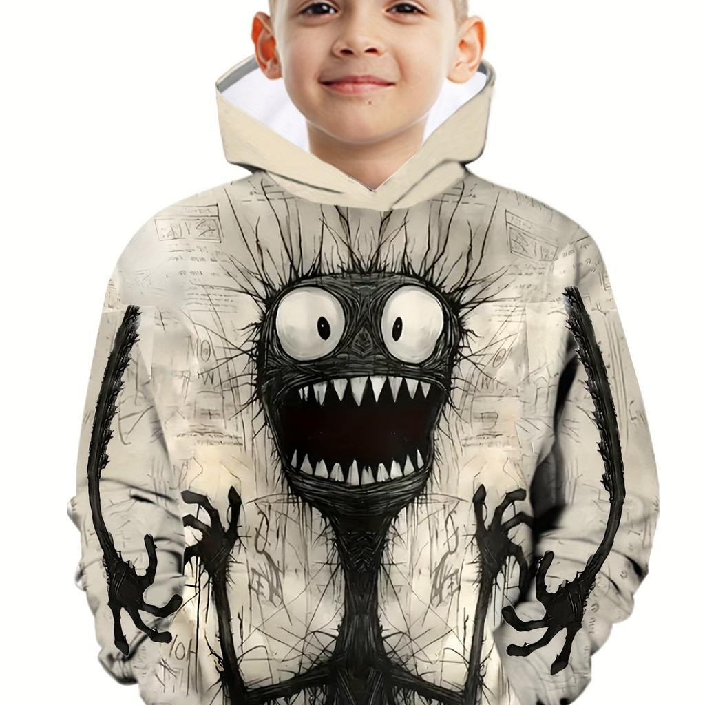 Boys Funny Monster 3D Print Long Sleeve Hoodie - Soft Slight Stretch Polyester Fabric, Regular Fit, Machine Washable, Random Print,
