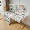 Vanity Desk Dressing Table Set with LED Mirror 5 Drawers Transparent Tempered Glass Large Top Side And Cabinet Elegant Furniture White Furniture