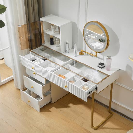 Vanity Desk Dressing Table Set with LED Mirror 5 Drawers Transparent Tempered Glass Large Top Side And Cabinet Elegant Furniture White Furniture