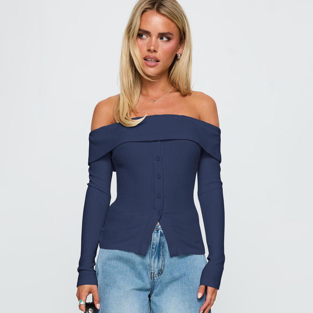 Women Y2k Off Shoulder Button Up Ribbed Knit Sweater Vintage Slim Fit Long Sleeve Foldover Pullover Top